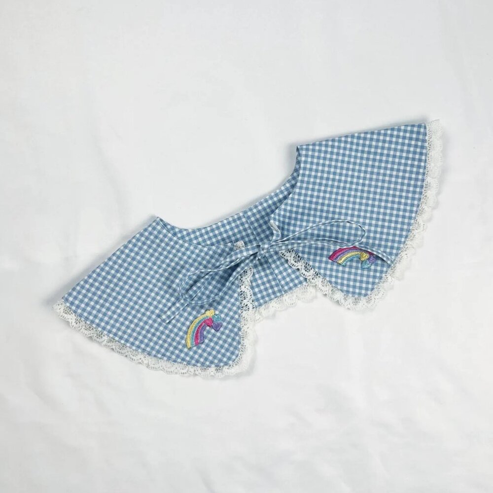 Blue Gingham Detachable Collar – Rainbow Embroidery & Lace Trim